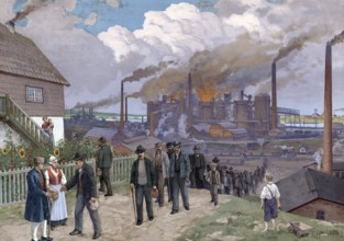 Industrial plants, workers on their way from the factory, smoking chimneys, North Rhine-Westphalia,