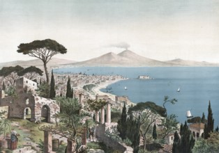 Gulf of Naples and Mount Vesuvius, Campania, Italy, authentic reproduction of a school mural,