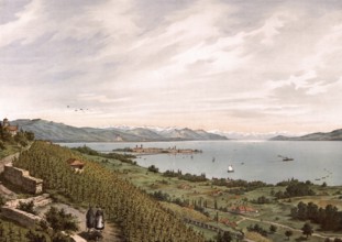 Lake Constance with a view of Lindau, Bavaria, Germany, authentic reproduction of a school mural,