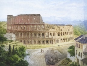 Colosseum in Rome, Italy, authentic reproduction of a school mural, historic, around 1900