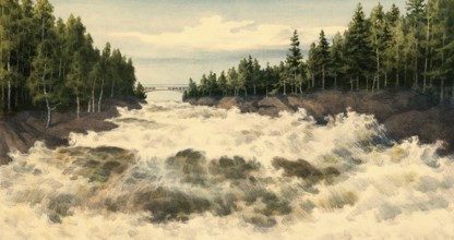 River landscape near Imatra, a town in southeastern Finland, authentic reproduction of a school