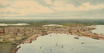 Panorama of Helsinki, Finland, authentic reproduction of a school mural, historical, around 1900