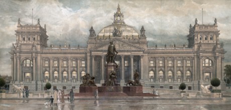 Reichstag building in Berlin, Germany, authentic reproduction of a school mural, historic, around