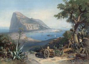 Gibraltar, seen from the mainland, in the foreground farmer with cart, authentic reproduction of a
