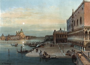 Evening in Venice, Veneto, Italy, authentic reproduction of a school mural, historical, around 1900