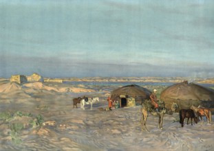 Steppe landscape in Kyrgyzstan, yurts, people, Central Asia, authentic reproduction of a school