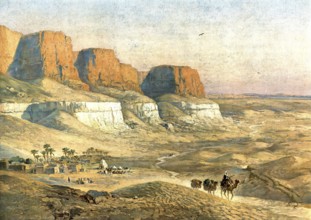 Bedouin with camels in the Sahara desert, Algeria, authentic reproduction of a school mural,