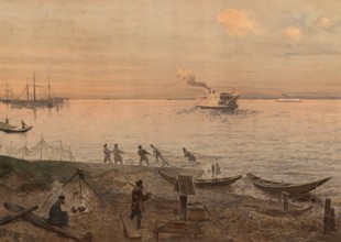 Scene on the Volga with fishermen and fishing boats, evening mood, Russia, authentic reproduction