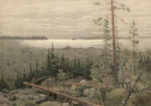 Lake region in Siberia, Russia, authentic reproduction of a school mural, historical, around 1900