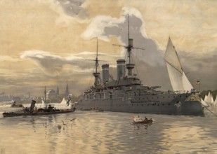 Warship in the port of Kiel, Schleswig-Holstein, Germany, authentic reproduction of a school mural,