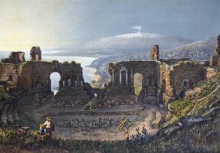 Taormina, Teatro Antico di Taormina, an ancient Greco-Roman theatre, in the background of Mount