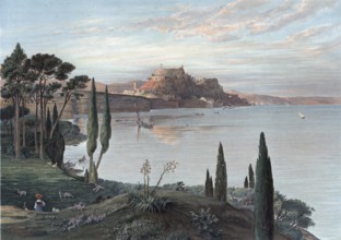 View of the island of Corfu in the Mediterranean Sea, Greece, authentic reproduction of a school