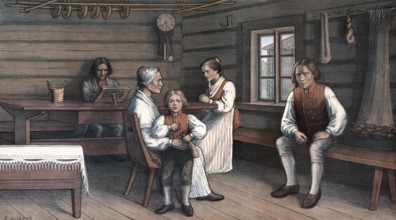 Moment of dedication with praying and reading the Bible, farmhouse, family scene from Finland,