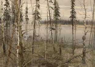 Landscape in the taiga in Siberia, Russia, authentic reproduction of a school mural, historical,