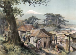 Village scene with people in Japan, authentic reproduction of a school mural, historic, around