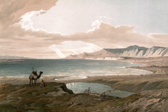 The Dead Sea, Israel, Jordan, authentic reproduction of a school mural, historical, around 1900
