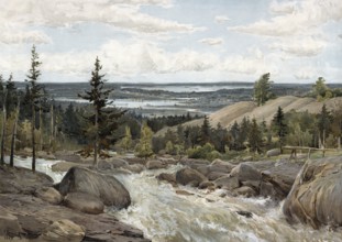 Typical landscape in Finland on the river Tana, authentic reproduction of a school mural,