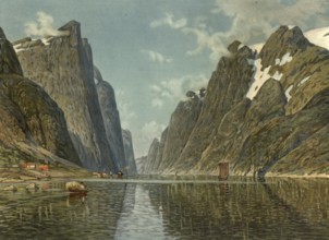 Fjord in Norway, authentic reproduction of a school mural, historic, around 1900, a dramatic fjord
