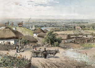 Little Russia, today north of Ukraine, village scene with farmers, authentic reproduction of a