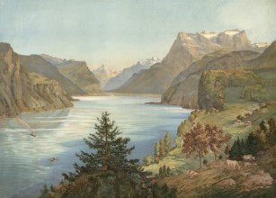 Lake Lucerne, Switzerland, authentic reproduction of a school mural, historic, around 1900, a