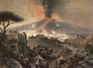 1878 eruption of Vesuvius near Naples, Campania, Italy, authentic reproduction of a school mural,