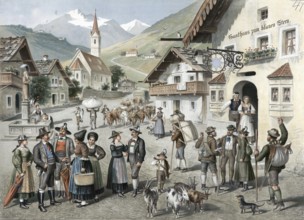 Village in Tyrol with folk types, farmers wearing traditional costume on Sunday in a small church