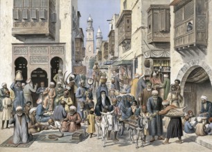 Street life with traders and artisans in Cairo, Egypt, authentic reproduction of a school mural,
