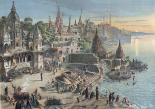 Ghats in Varanasi, formerly Benares, Ganges, India, authentic reproduction of a school mural,