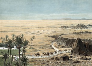 In the Sahara desert, camel caravan, Libya, authentic reproduction of a school mural, historic,