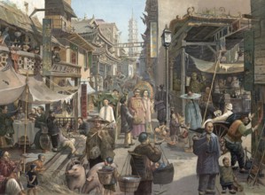 Street life with traders and artisans in a Chinese city, Canton, China, authentic reproduction of a