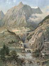 The Gotthard Railway near Wassen, Alps, Switzerland, authentic reproduction of a school mural,