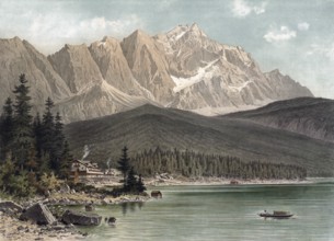 Zugspitze mountain with Eibsee lake, Alps, Bavaria, Germany, authentic reproduction of a school