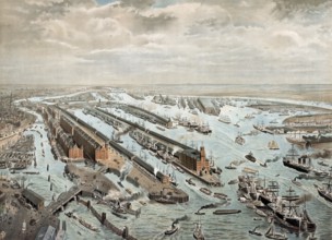 Port in Hamburg, Hamburger Hafen overview, North Sea, Germany, authentic reproduction of a school