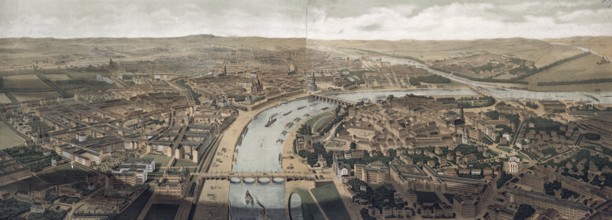 Elbe and Dresden panorama, Saxony, Germany, authentic reproduction of a school mural, historic,