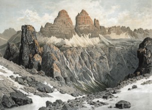 The Three Peaks, mountain group of the Dolomites, South Tyrol, Italy, authentic reproduction of a