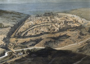 Panorama of Jerusalem, today Israel, authentic reproduction of a school mural, historical, around