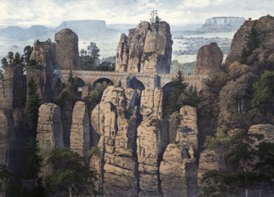Elbe Sandstone Mountains, Bastei Bridge near Rathen, Saxony, Germany, authentic reproduction of a
