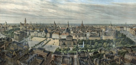 Panorama of Leipzig, Saxony, Germany, authentic reproduction of a school mural, historic, around