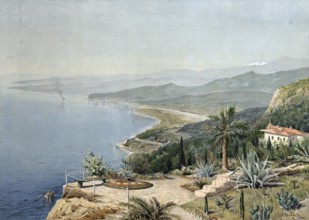 Shores of the Black Sea, coast in Ukraine, authentic reproduction of a school mural, historical,