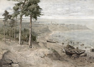 Baltic landscape in stand, beach landscape on the Baltic Sea, authentic reproduction of a school