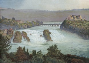 Rhine Falls in Schaffhausen, Rhine, Switzerland, authentic reproduction of a school mural,