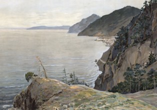 Landscape on Lake Baikal, Siberia, Russia, authentic reproduction of a school mural, historic,