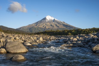 Mount Taranaki, in the foreground Stony River (Hangatahua River) . Egmont National Park, Taranaki