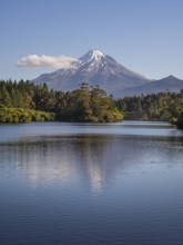 Lake Mangamahoe with views of Mount Taranaki. Egmont National Park, Taranaki Region, North Island,
