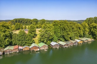 Aerial view, drone photo: wooden boathouses on stilts, Feldberg, Feldberger Seenlandschaft,