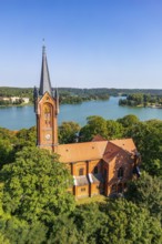 Aerial view, drone photo: City church and house lake in Feldberg, Feldberger Seenlandschaft,
