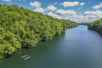 Aerial view, drone photo: two paddlers kayaking on Lake Schmaler Luzin, Hullerbusch Nature Reserve,