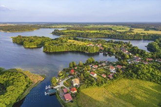 Aerial view, drone photo: Carwitz village on Lake Carwitz, Feldberg Lake District, Mecklenburg Lake