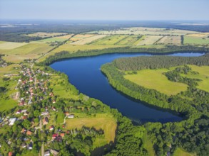 Aerial view, drone photo: village of Carwitz am See Schmaler Luzin, Hullerbusch Nature Reserve,