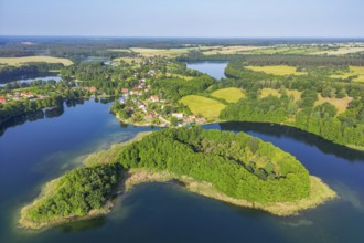 Aerial view, drone photo: Carwitz village and GÃ¤nsewerder island on Lake Carwitz behind the lake